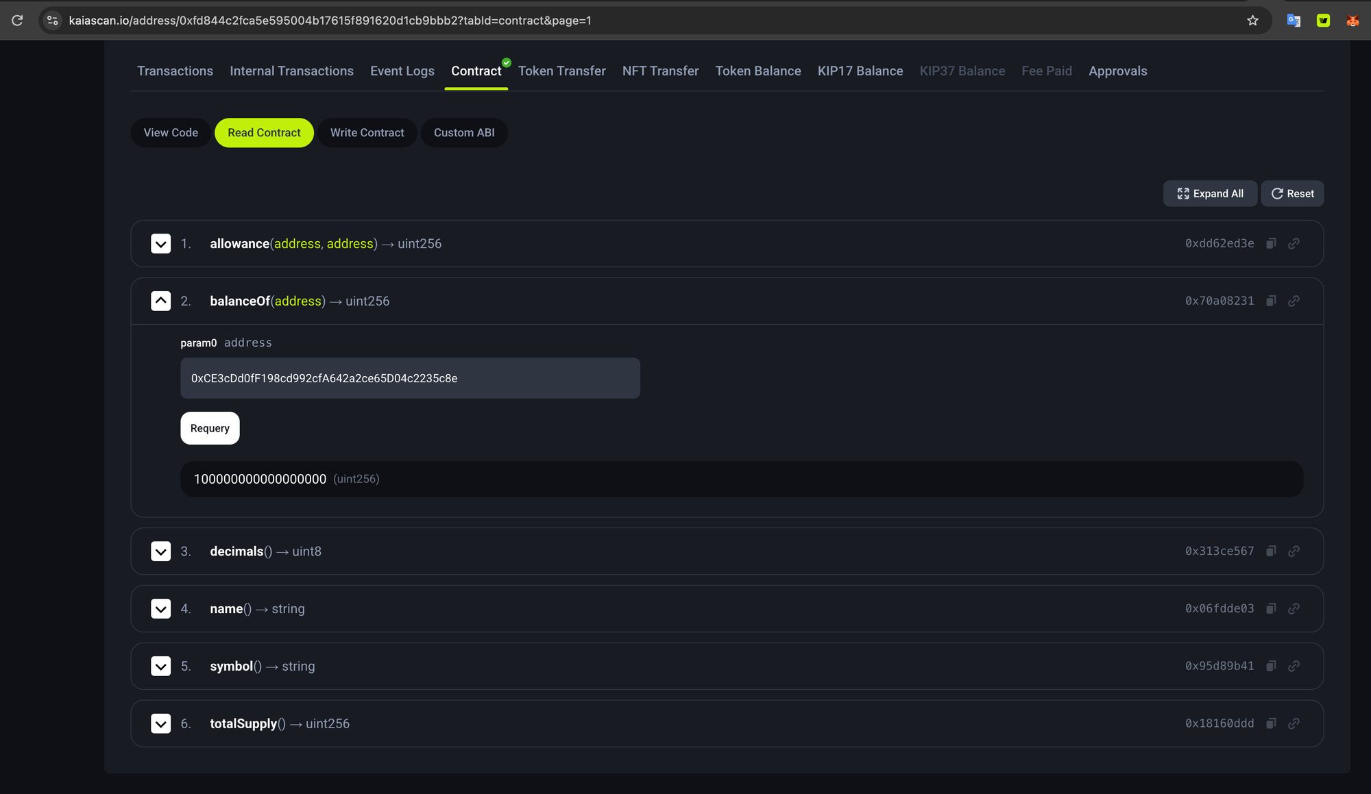 Reading balanceOf on the Read Contract tab