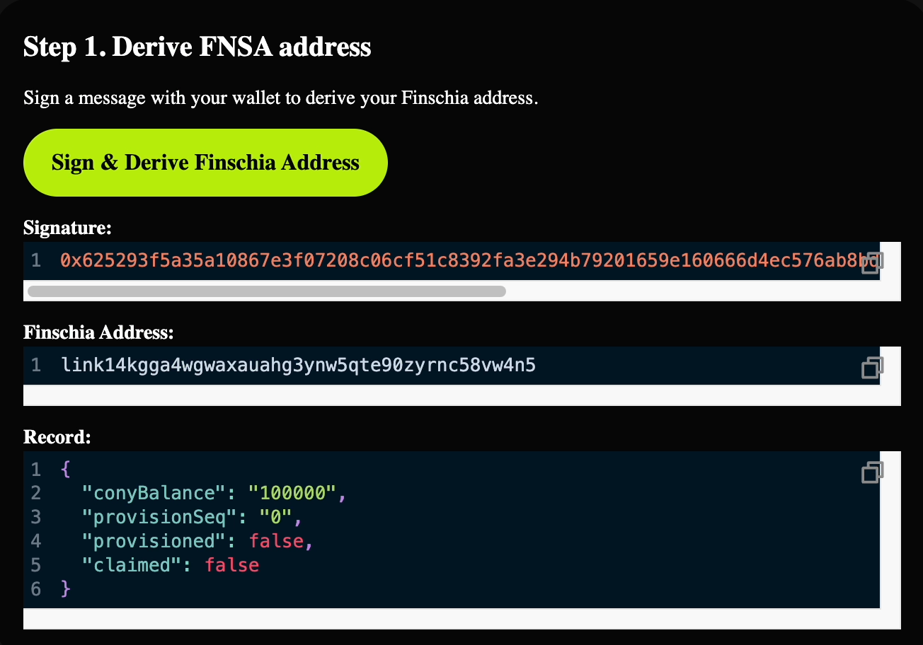 Address and CONY balance shown in the page